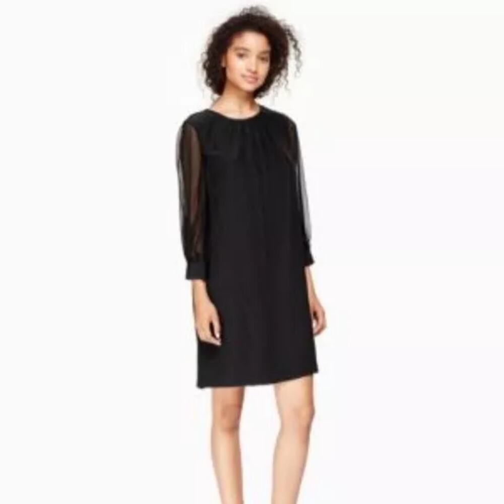 Kate Spade Black Silk Dress Pleated Crew Neck Sheer Sleeve Mini Size 0